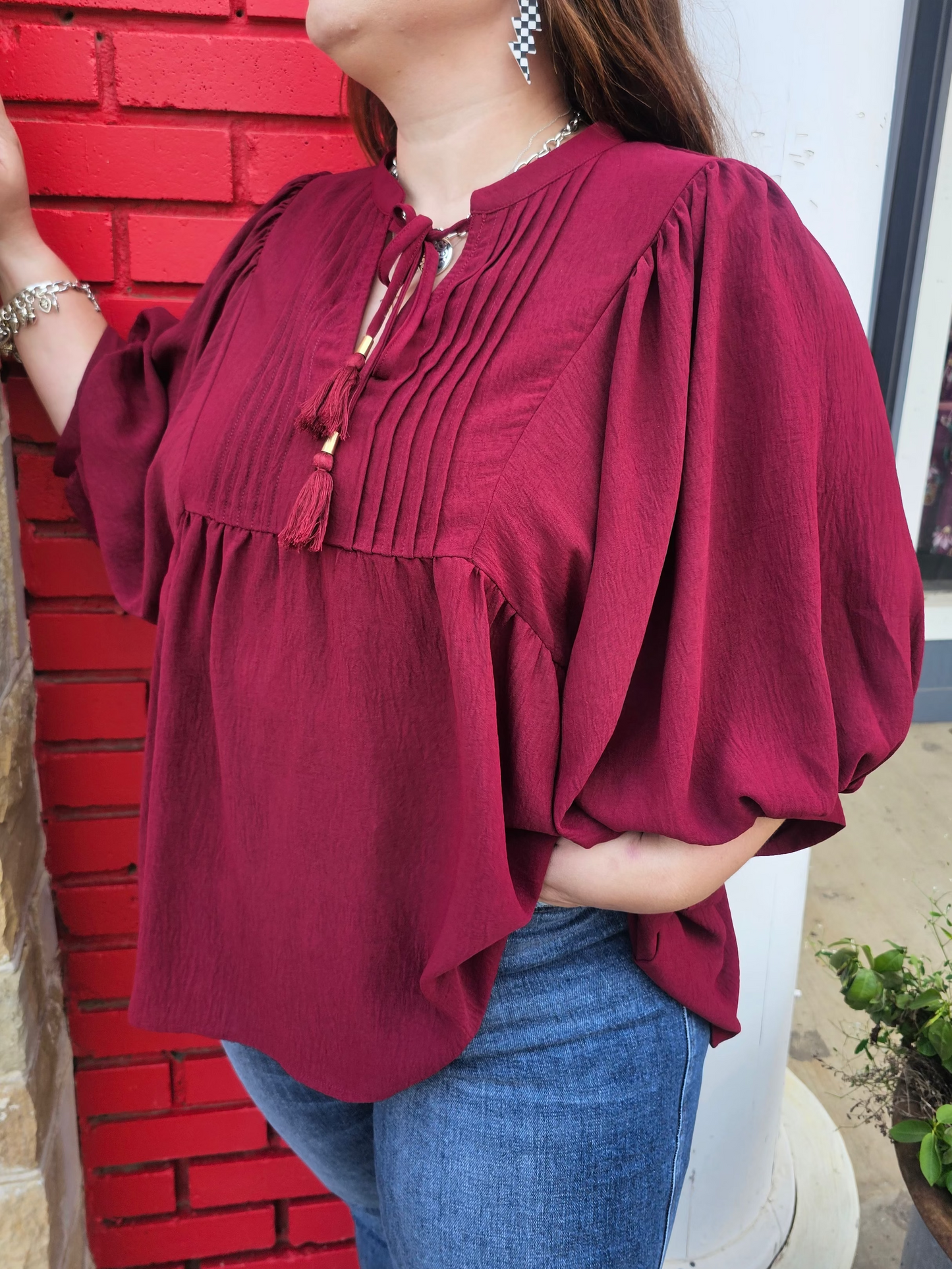 Tops | Plus Size Blouse Burgundy Flowy Pintuck Tie Front Split Neck