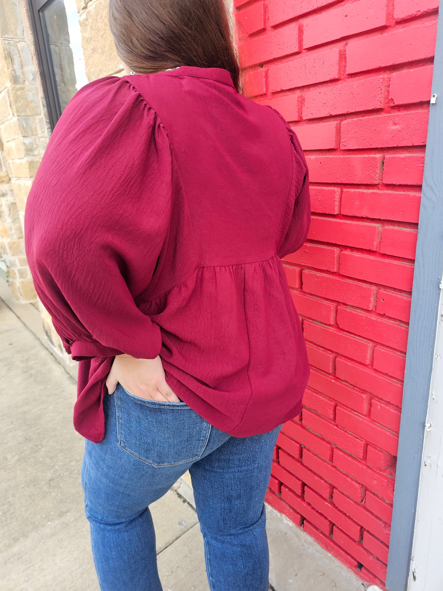 Tops | Plus Size Blouse Burgundy Flowy Pintuck Tie Front Split Neck