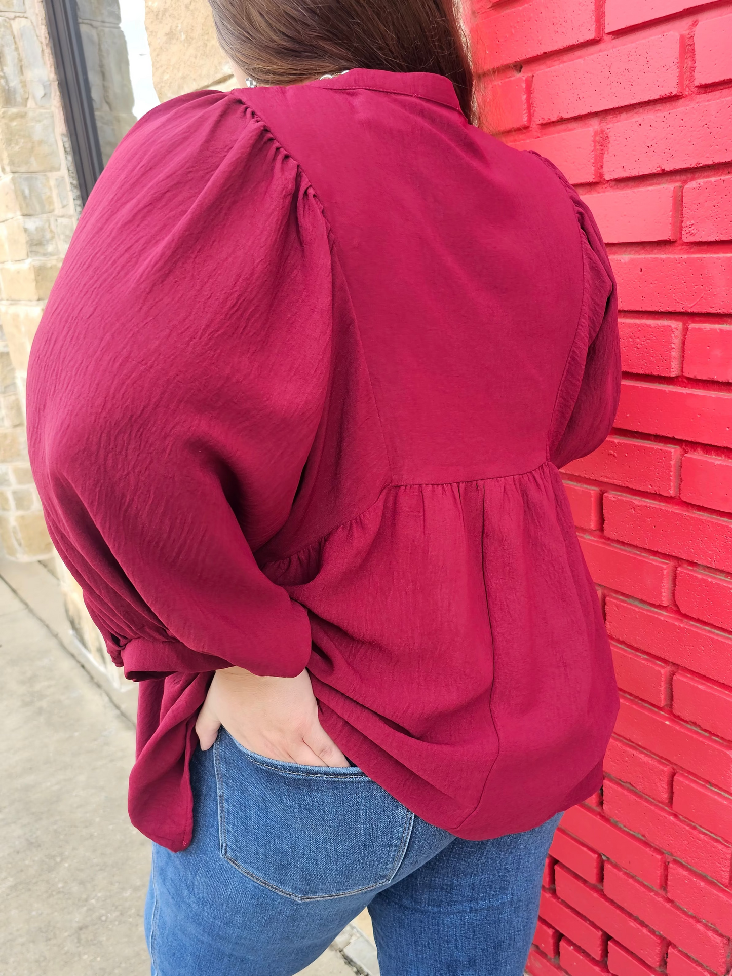 Tops | Plus Size Blouse Burgundy Flowy Pintuck Tie Front Split Neck