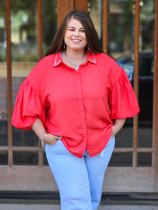 Tops | Plus SIze Blouse Red Relaxed Silhouette Pearl Embellished Short Sleeve