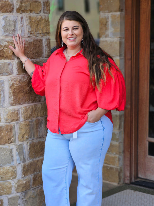 Tops | Plus SIze Blouse Red Relaxed Silhouette Pearl Embellished Short Sleeve