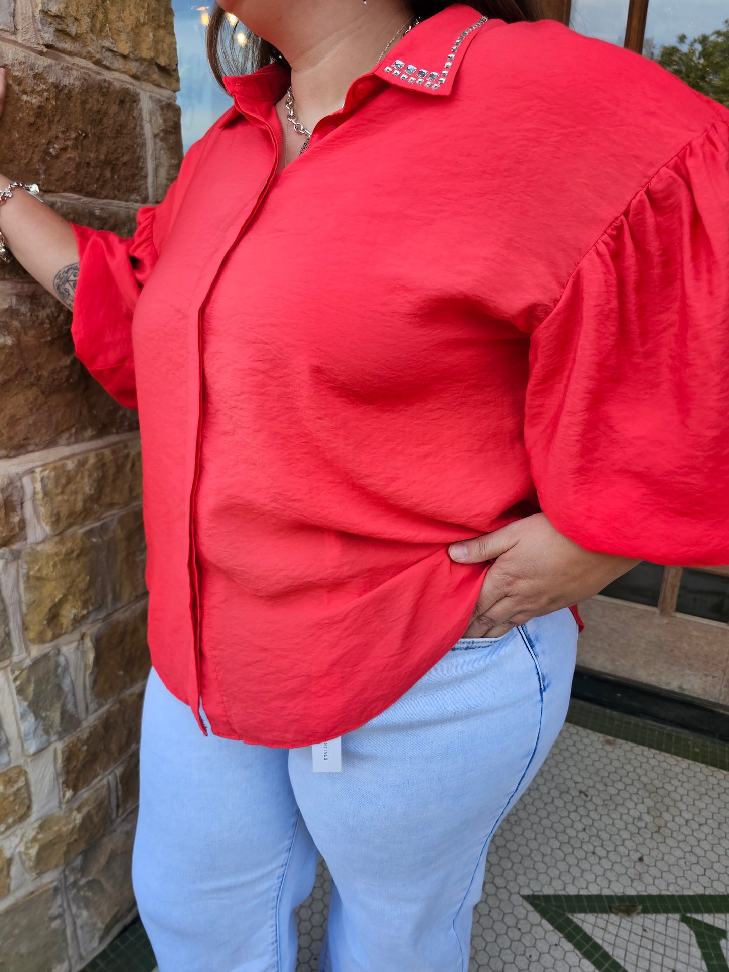 Tops | Plus SIze Blouse Red Relaxed Silhouette Pearl Embellished Short Sleeve