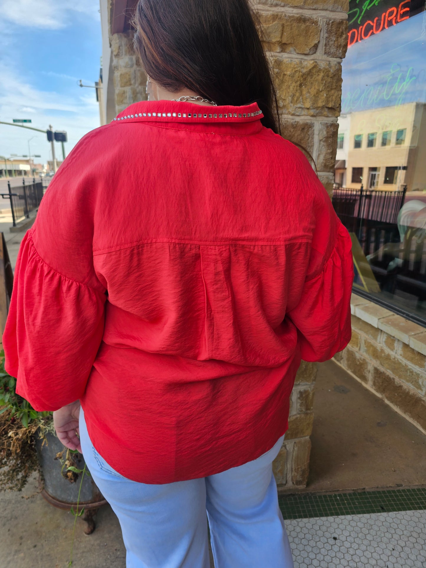 Tops | Plus SIze Blouse Red Relaxed Silhouette Pearl Embellished Short Sleeve