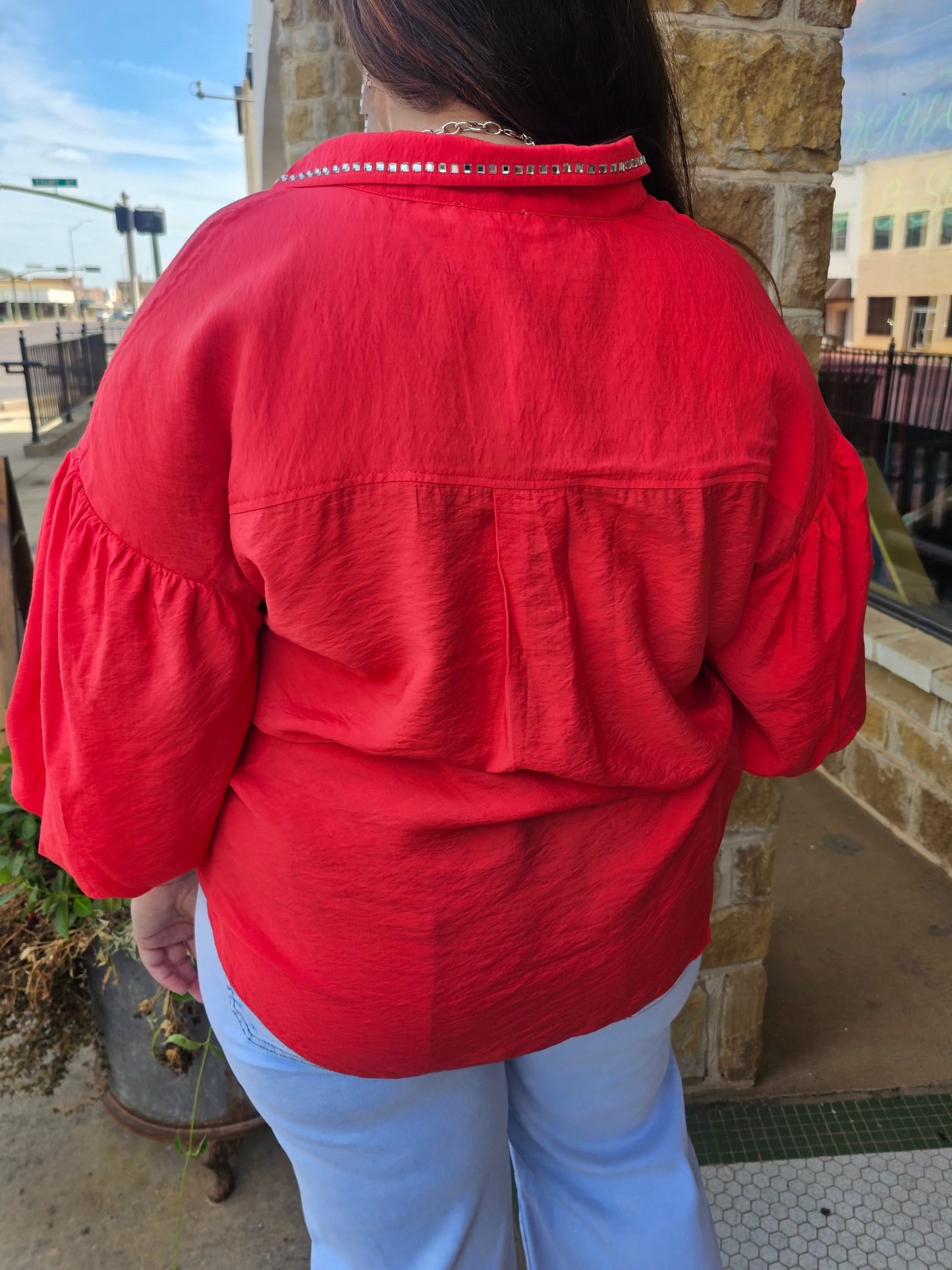 Tops | Plus SIze Blouse Red Relaxed Silhouette Pearl Embellished Short Sleeve