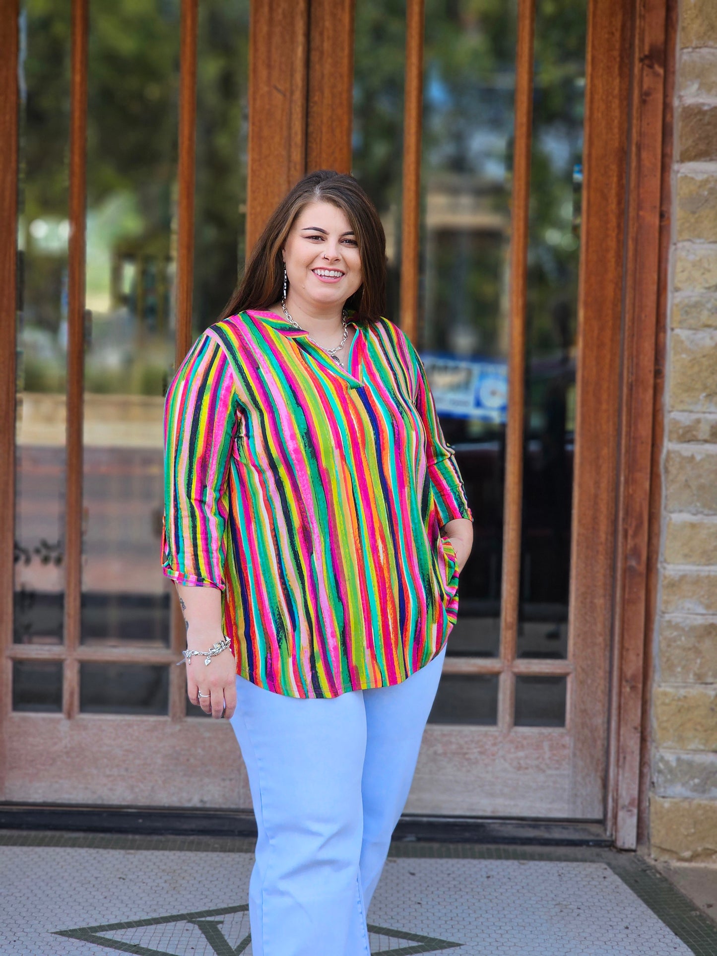 Tops | Plus Size Blouse Striped 3/4 Sleeve