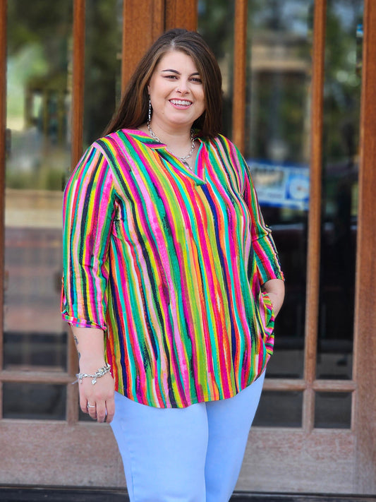 Tops | Plus Size Blouse Striped 3/4 Sleeve