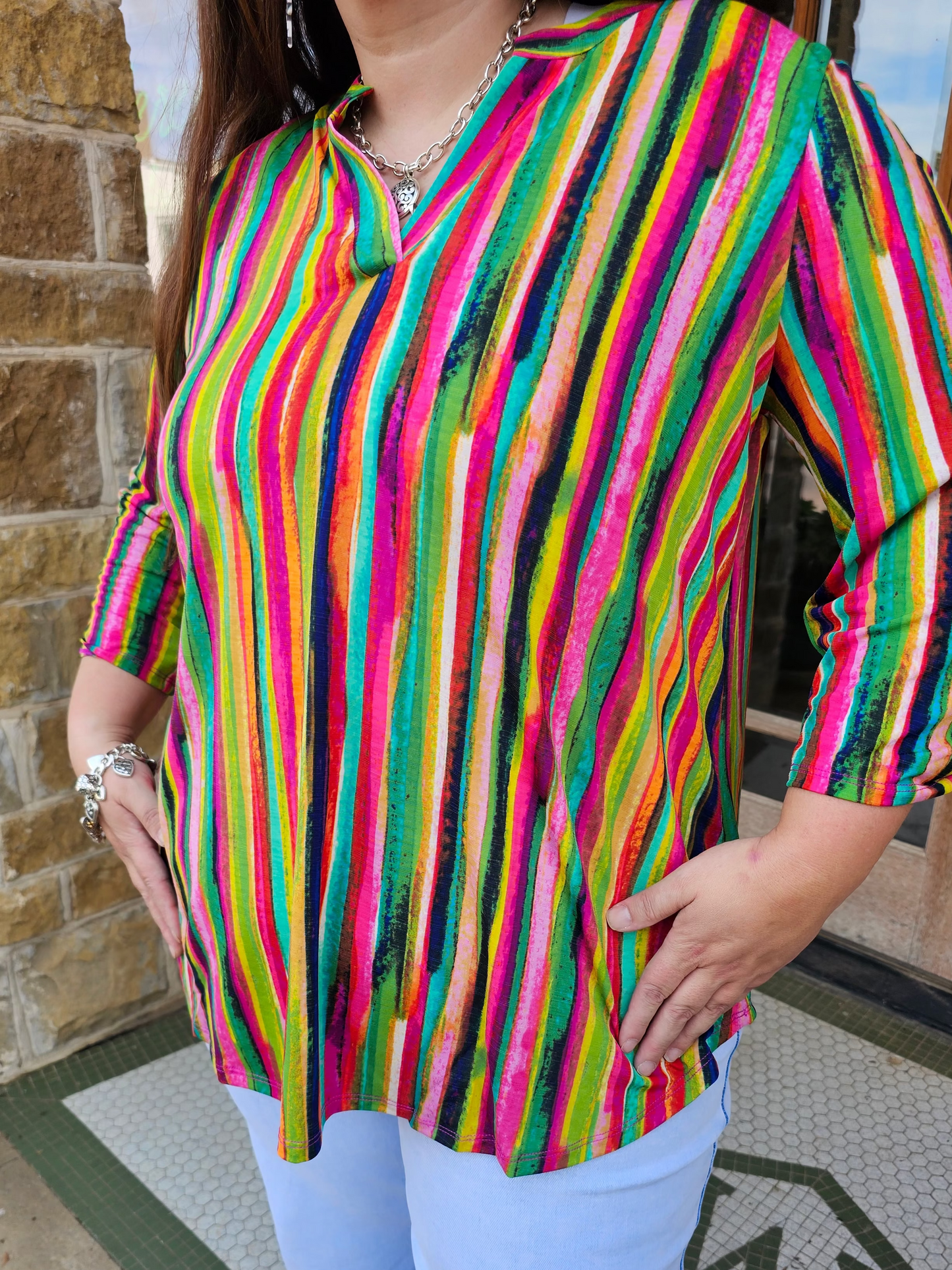 Tops | Plus Size Blouse Striped 3/4 Sleeve