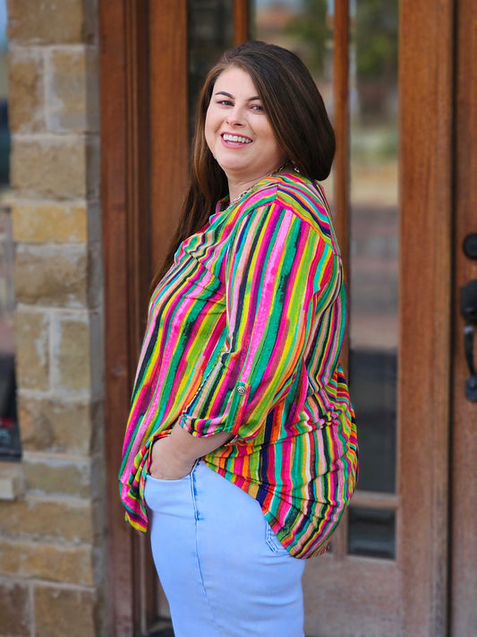 Tops | Plus Size Blouse Striped 3/4 Sleeve