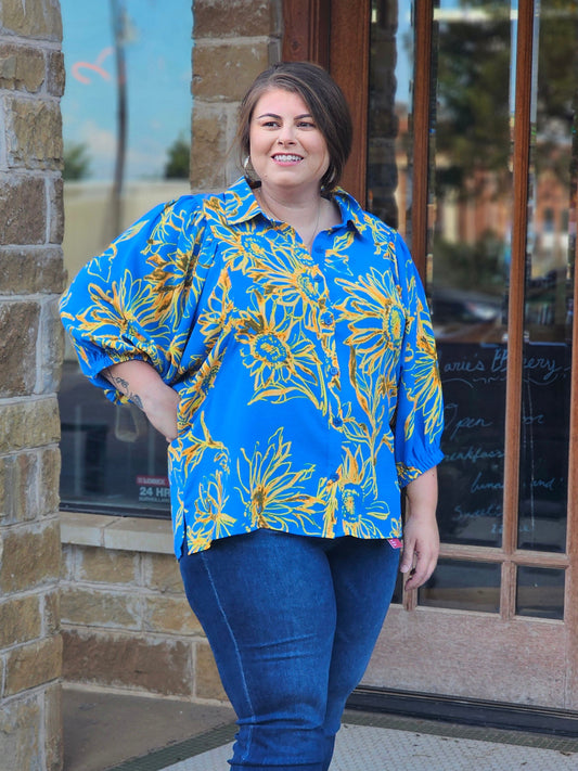 Tops | Plus Size Blouse Bold Floral Printed Puff Sleeve