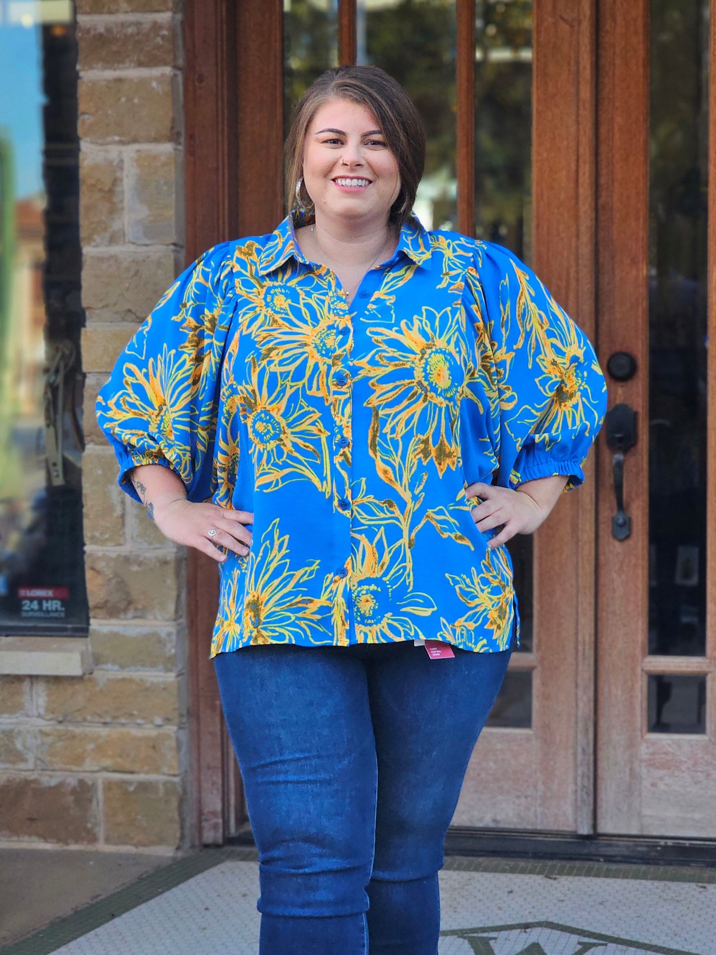 Tops | Plus Size Blouse Bold Floral Printed Puff Sleeve