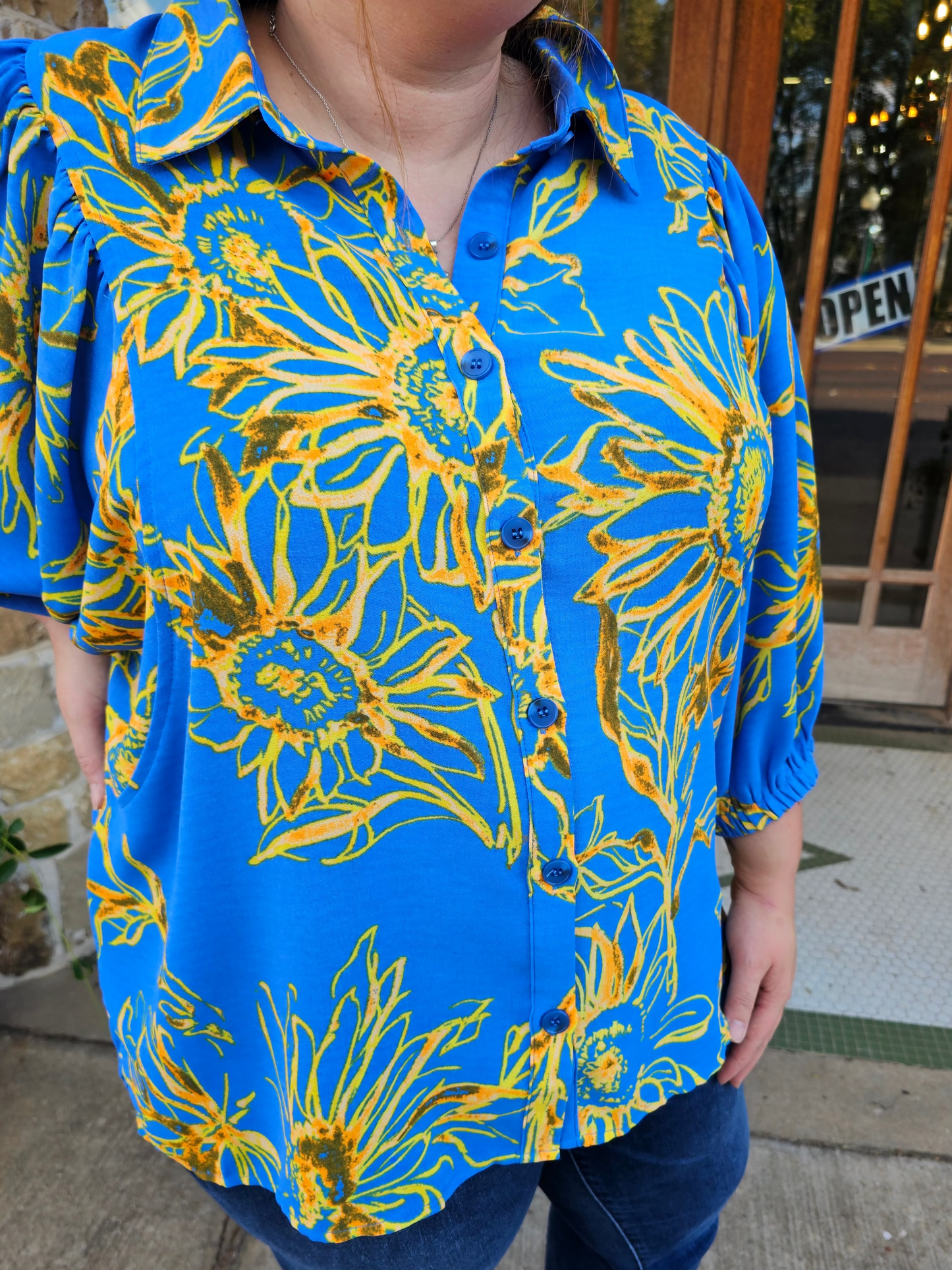 Tops | Plus Size Blouse Bold Floral Printed Puff Sleeve