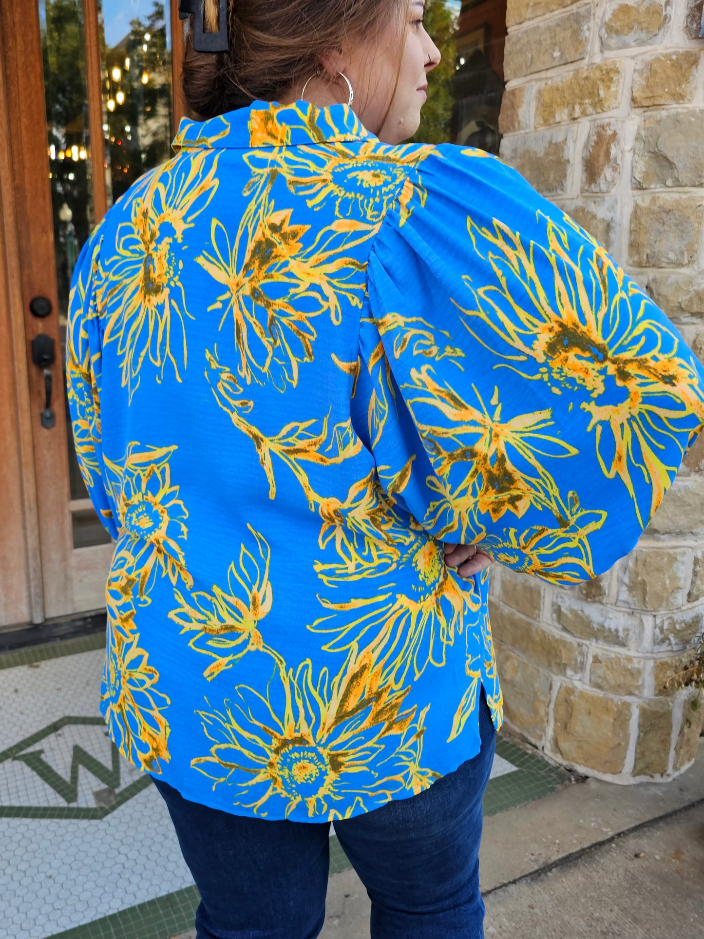 Tops | Plus Size Blouse Bold Floral Printed Puff Sleeve