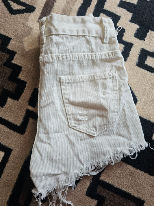 Shorts - White High Waist Ripped Denim