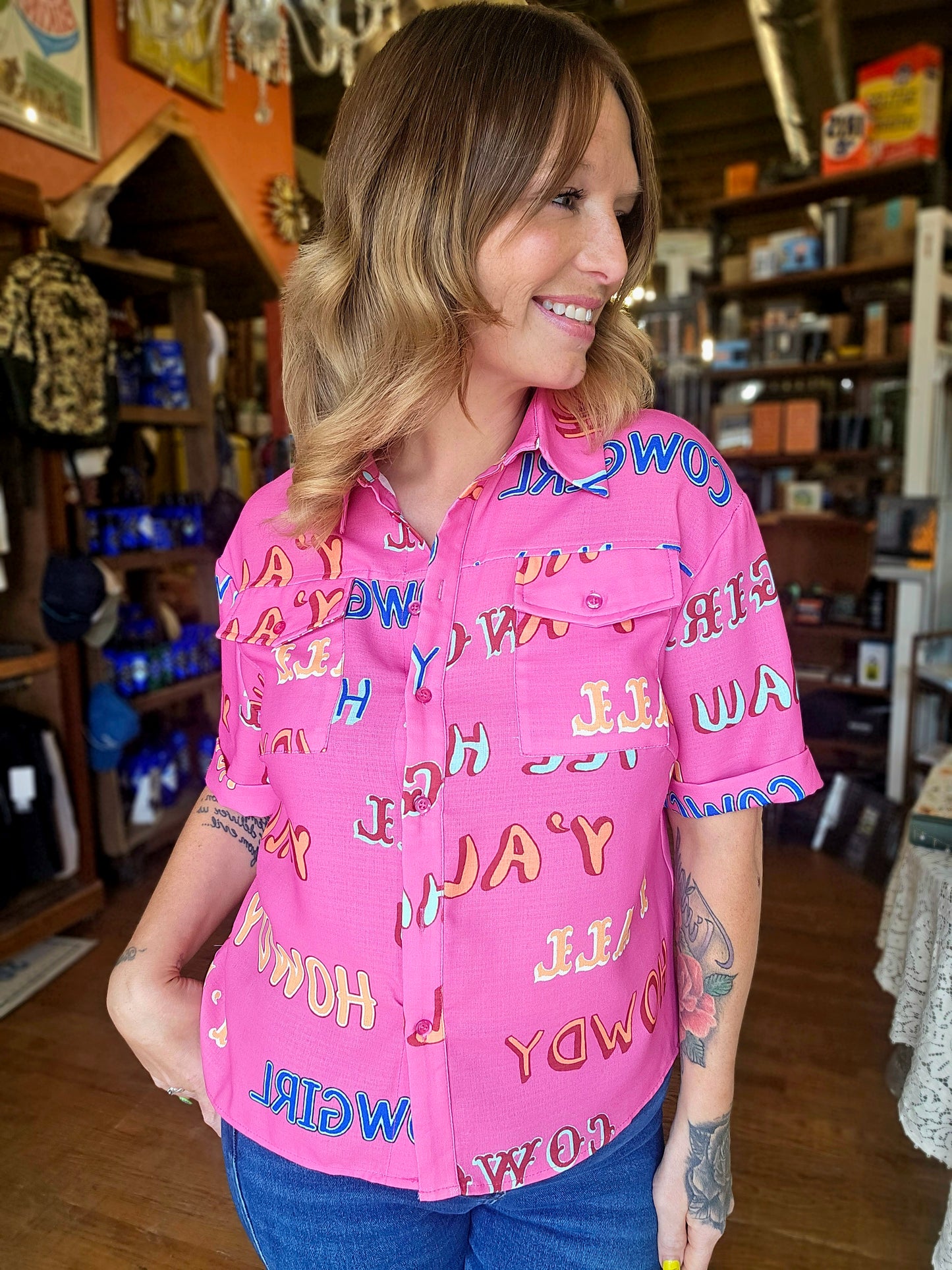 Blouse - Pink Western Collar
