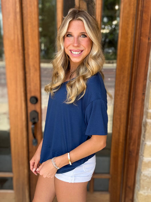 Top - Navy Loose V-Neck