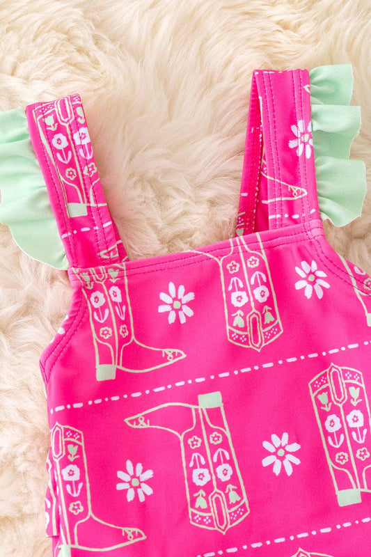 Girls | Fuchsia Boot Printed Swimsuit with Mint Ruffle Trim