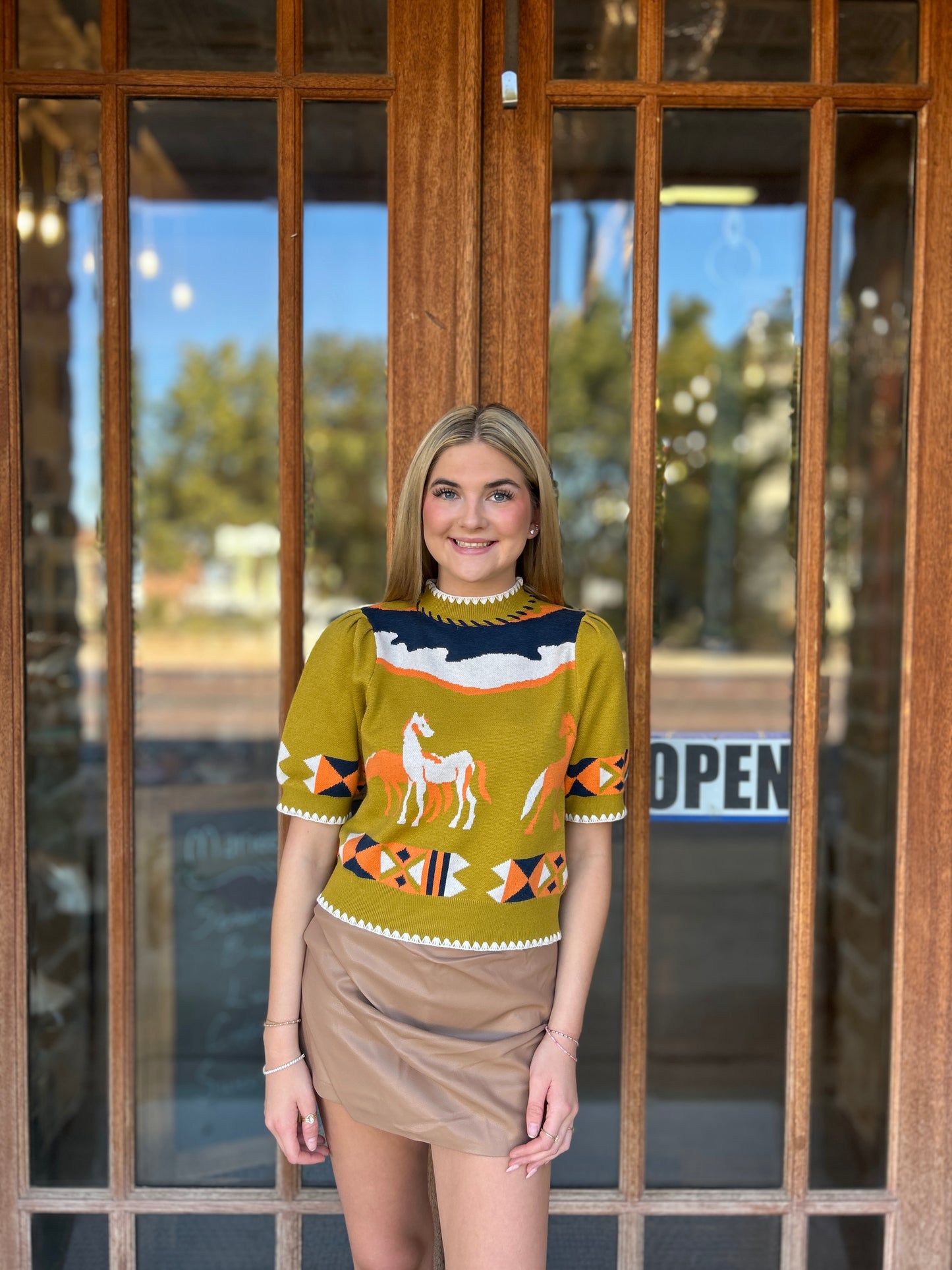 Tops | THML Sweater Short Sleeve Horse Detail Olive