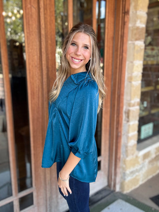 Tops | Blouse Teal Blue Satin V-Neck Smocked