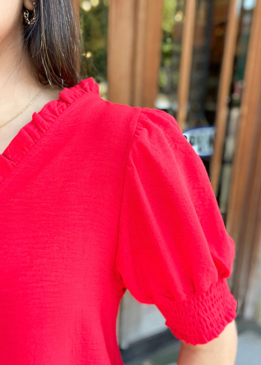 Tops | Jodifl Blouse Red Short Ruffle V Neck With Short Puff Sleeve