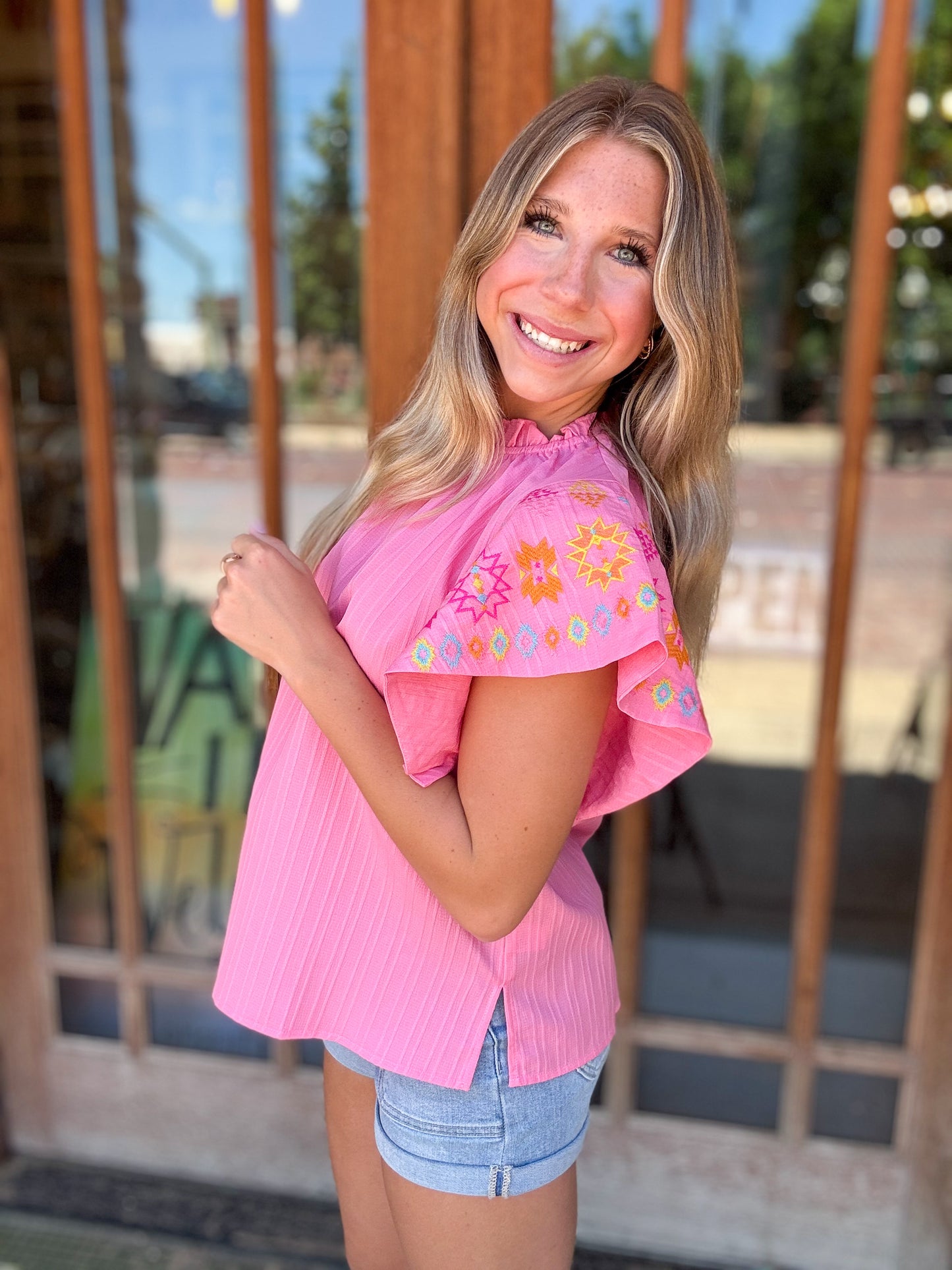 Tops | Blouse Embroidered Pink Flutter Ruffle Sleeve