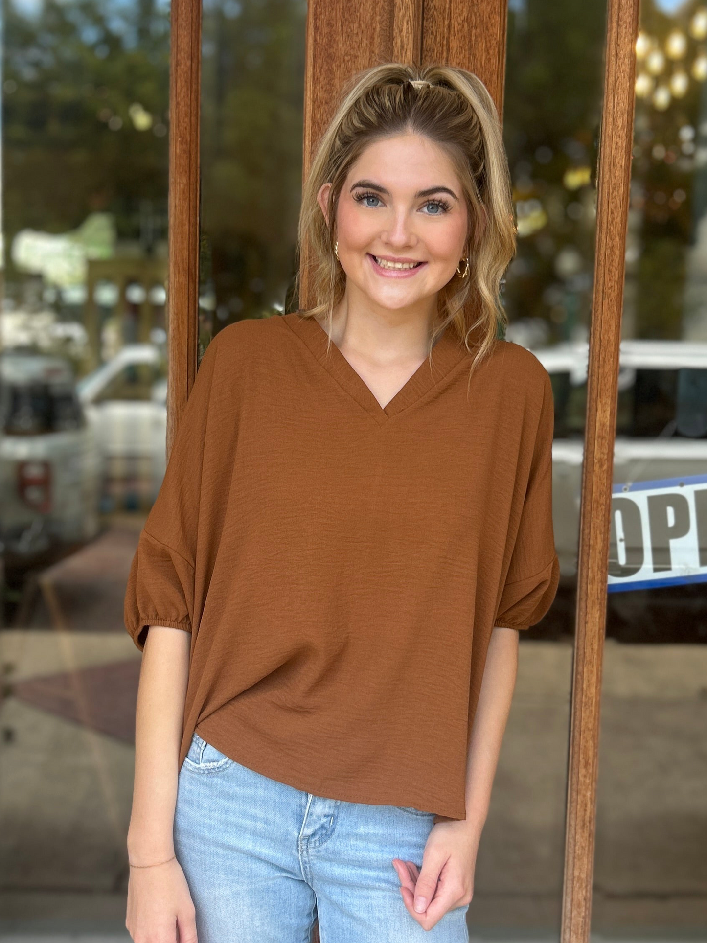 Tops | Blouse Mocha V-Neck Puff Short Sleeve