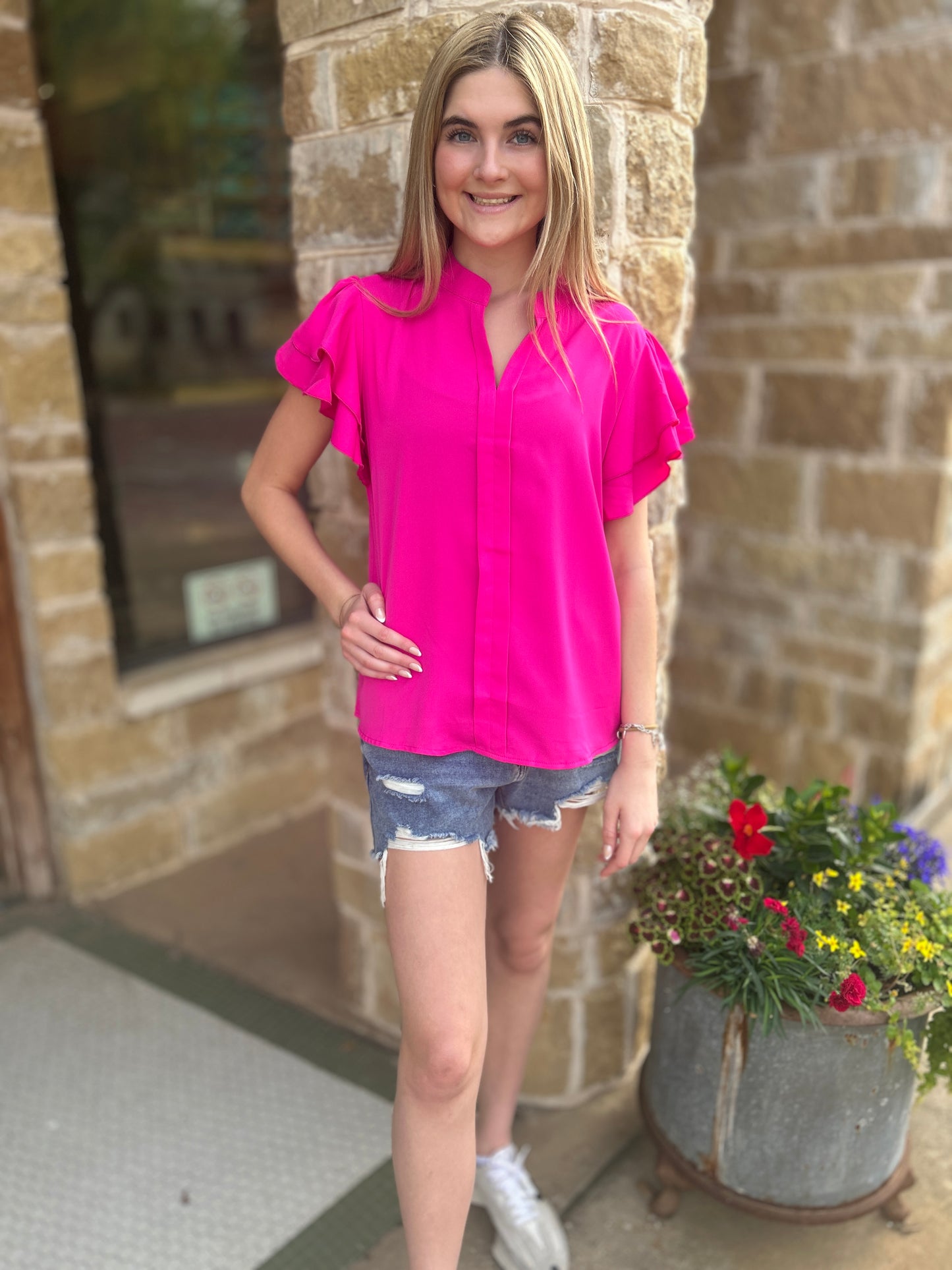 Pink V-Neck Double Layer Ruffle Sleeve Top
