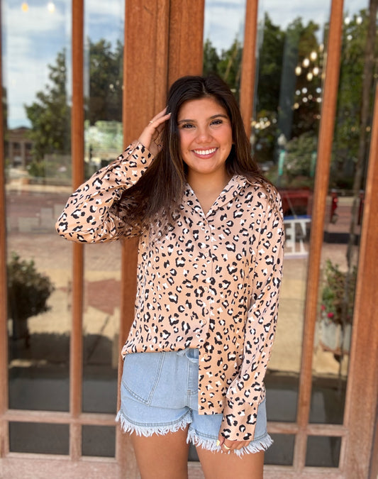 Top | Blouse Leopard Print Long Sleeve Button Up