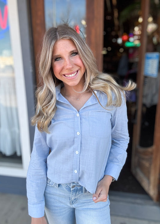 Tops | Blouse Blue Long Sleeve Loose Buttoned