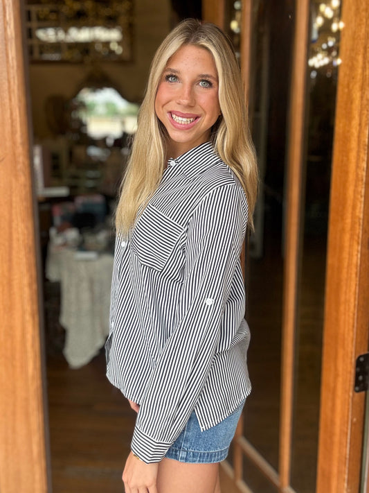 Top - Black Striped Button Down
