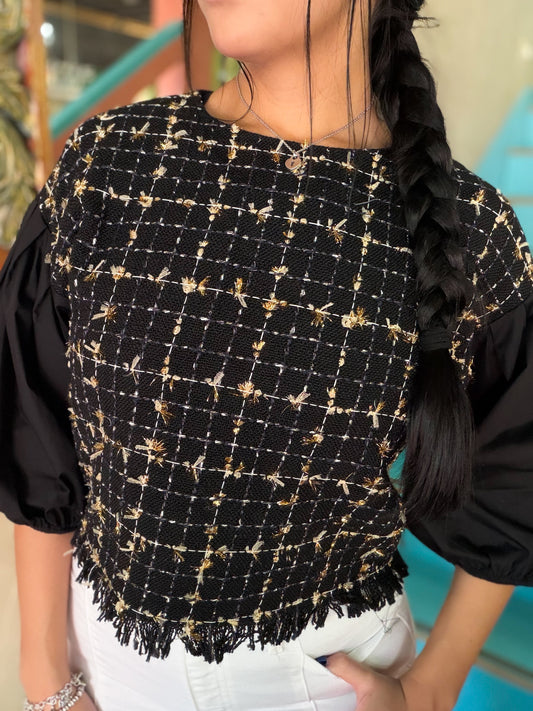 Blouse - THML Tweed Puff Sleeve