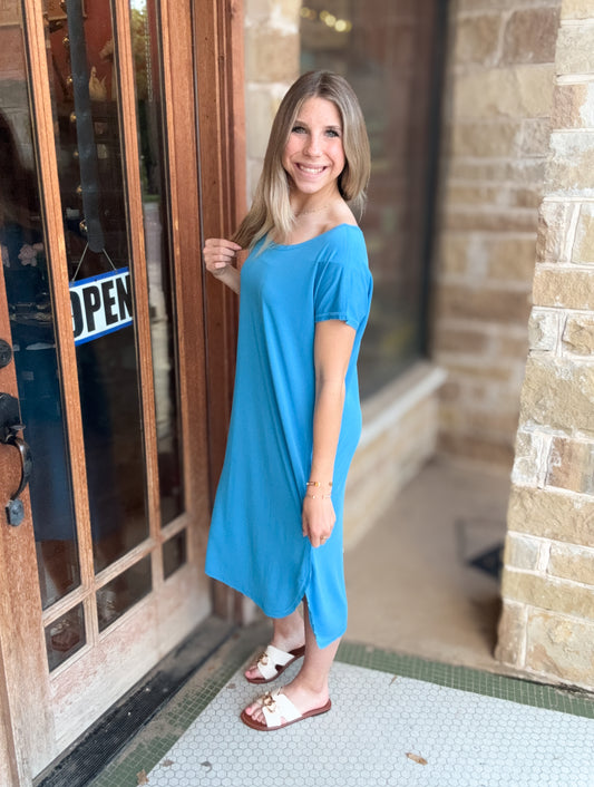 Dresses | Midi Blue Soft High Low Scoop Neck Short Sleeve