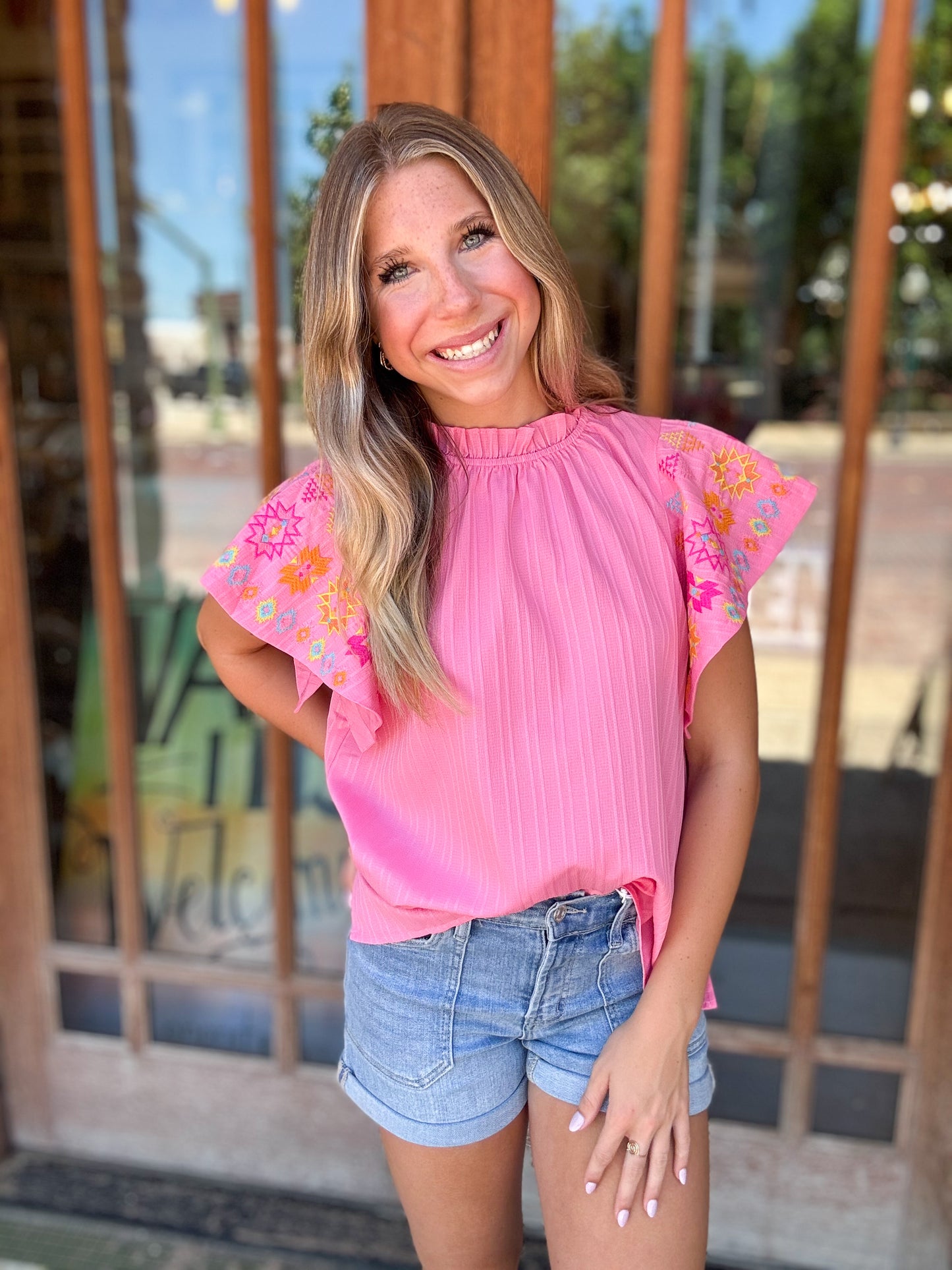 Tops | Blouse Embroidered Pink Flutter Ruffle Sleeve
