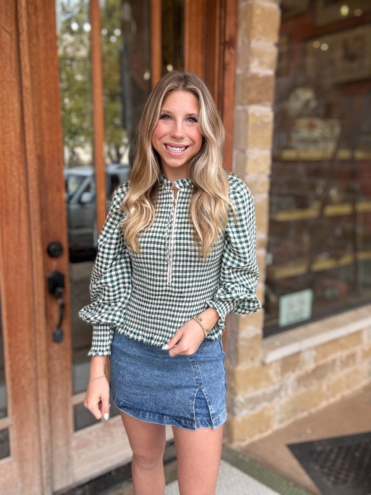 Tops | Blouse Hunter Green Checkered Long Sleeve