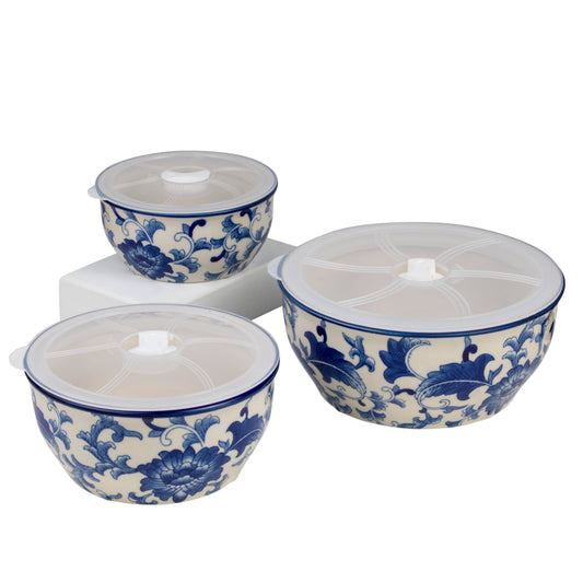 Shelby Wilcox Registry | Blue Garden Bowls Storage 3-PC Set Chinoiserie Stoneware