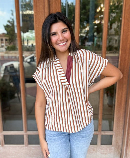Top | THML Brown Blouse Contrast V-Neck Striped
