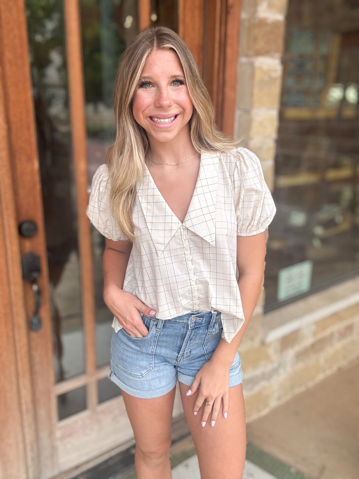 Tops | Blouse Light Taupe Checker Peter Pan Collar V-Neck Button