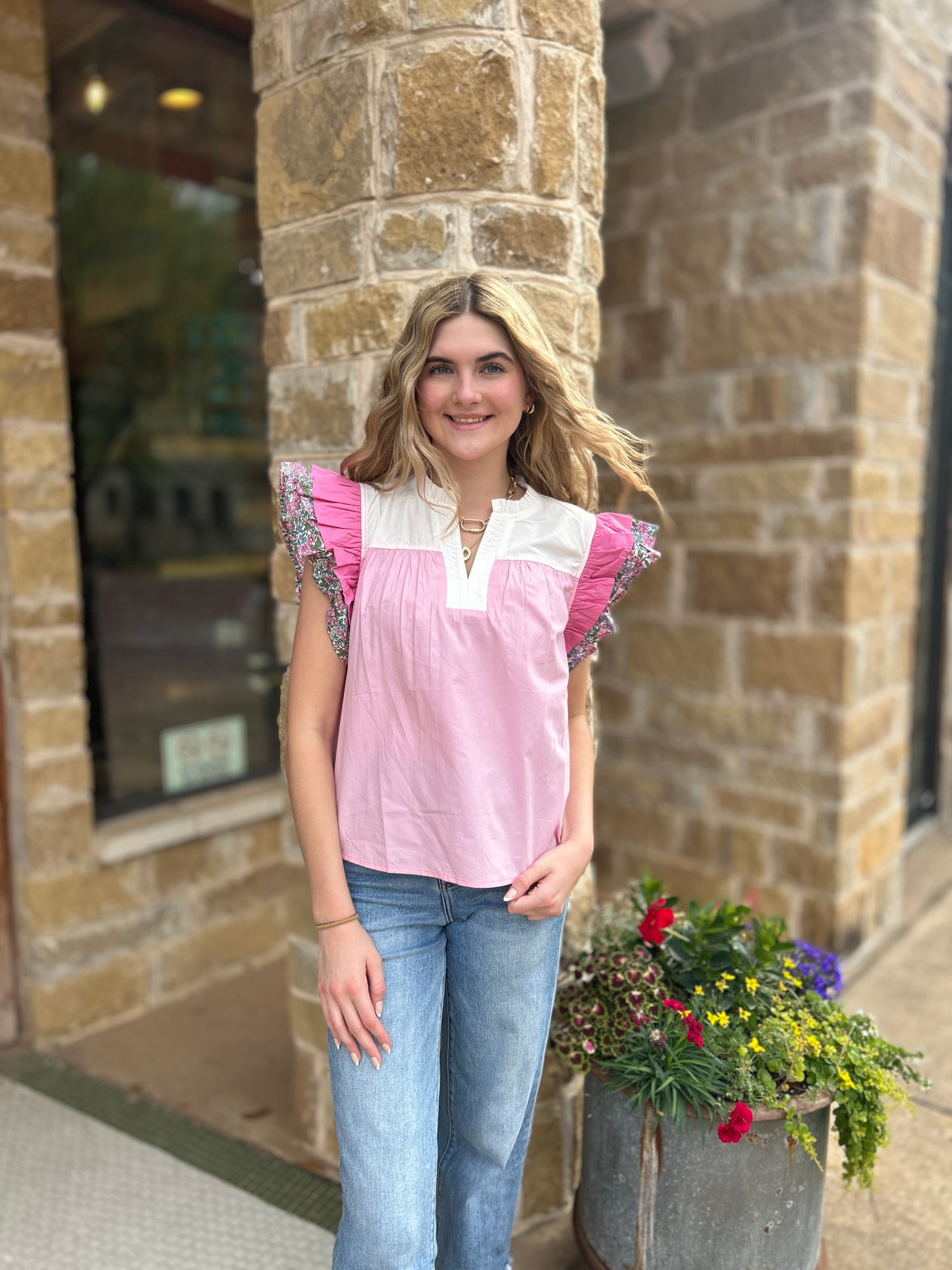 Jodifl Pink Floral Ruffle Top