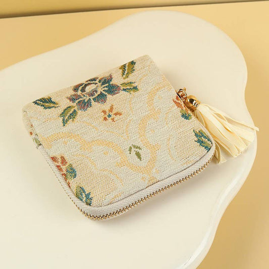 Jewelry Pouch Wallet - Cream Floral Jacquard Mini