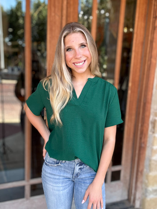 Tops | Blouse Satin Hunter Green Solid V-Neck
