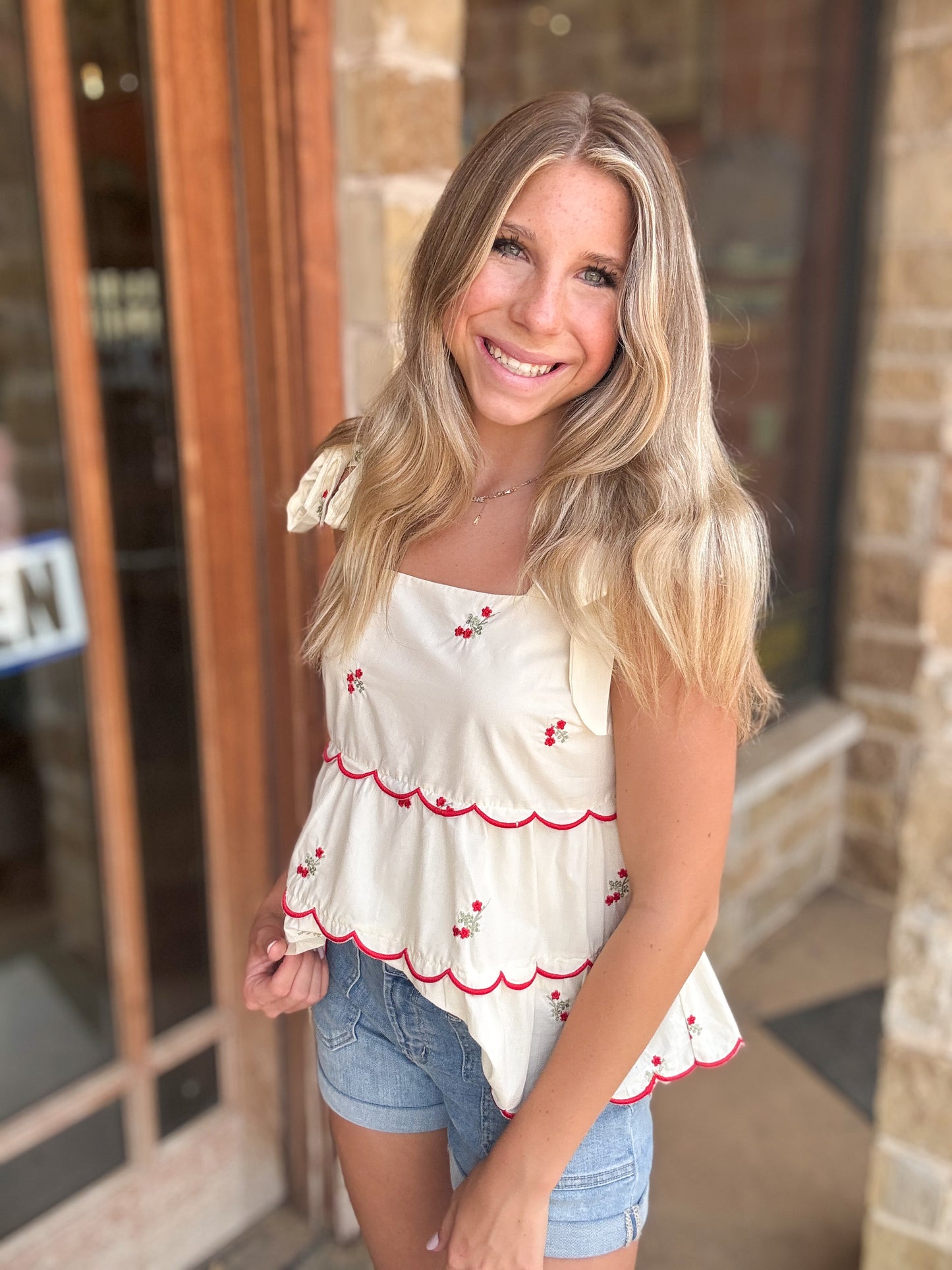 Tops | Blouse Embroidered Cream Woven Tie Shoulder Tired Two Way