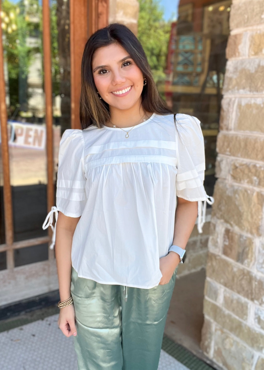 White Pleated Detail Back Keyhole Puff Sleeves Top