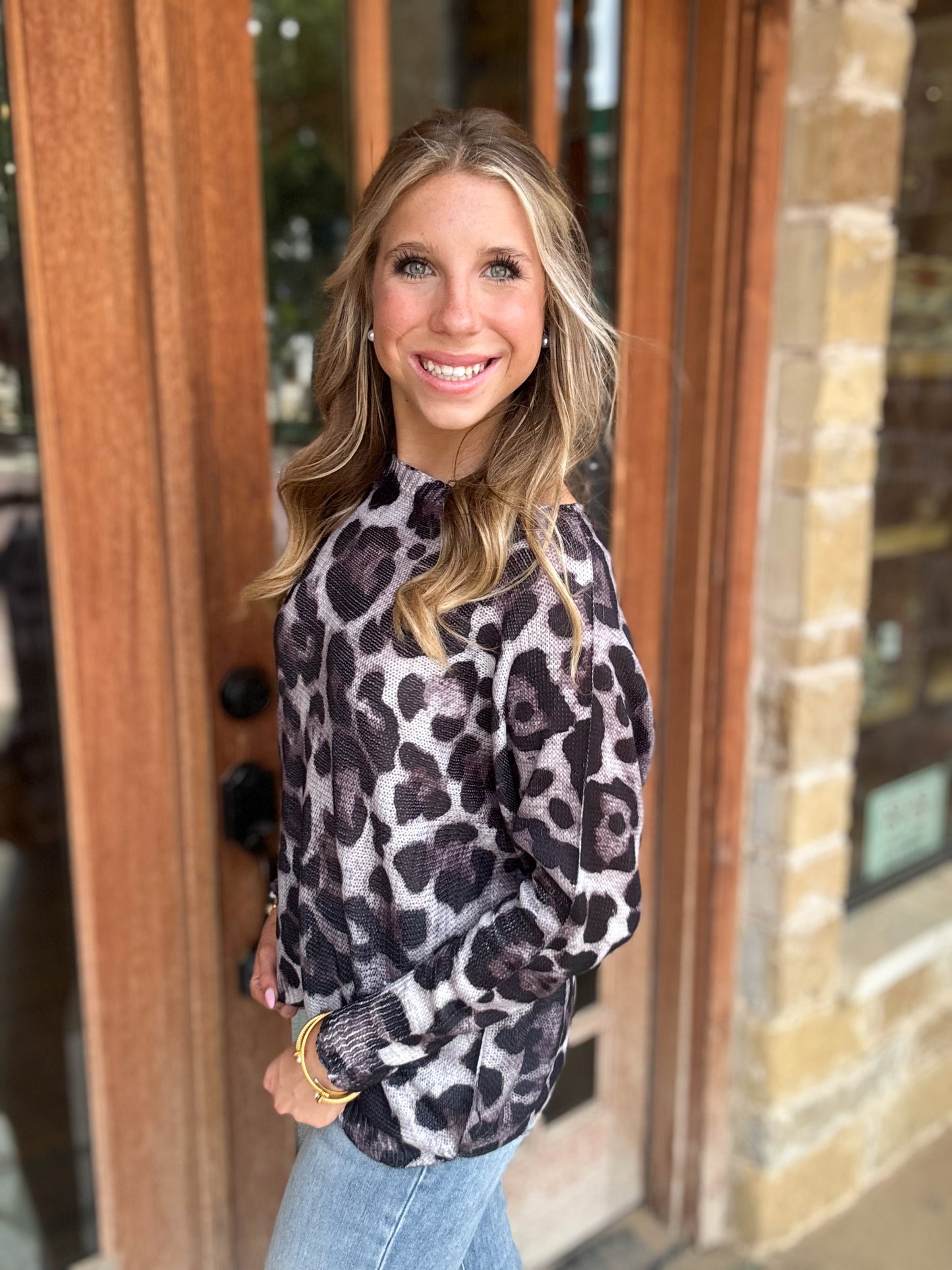 Tops | Blouse Gray Leopard Knit