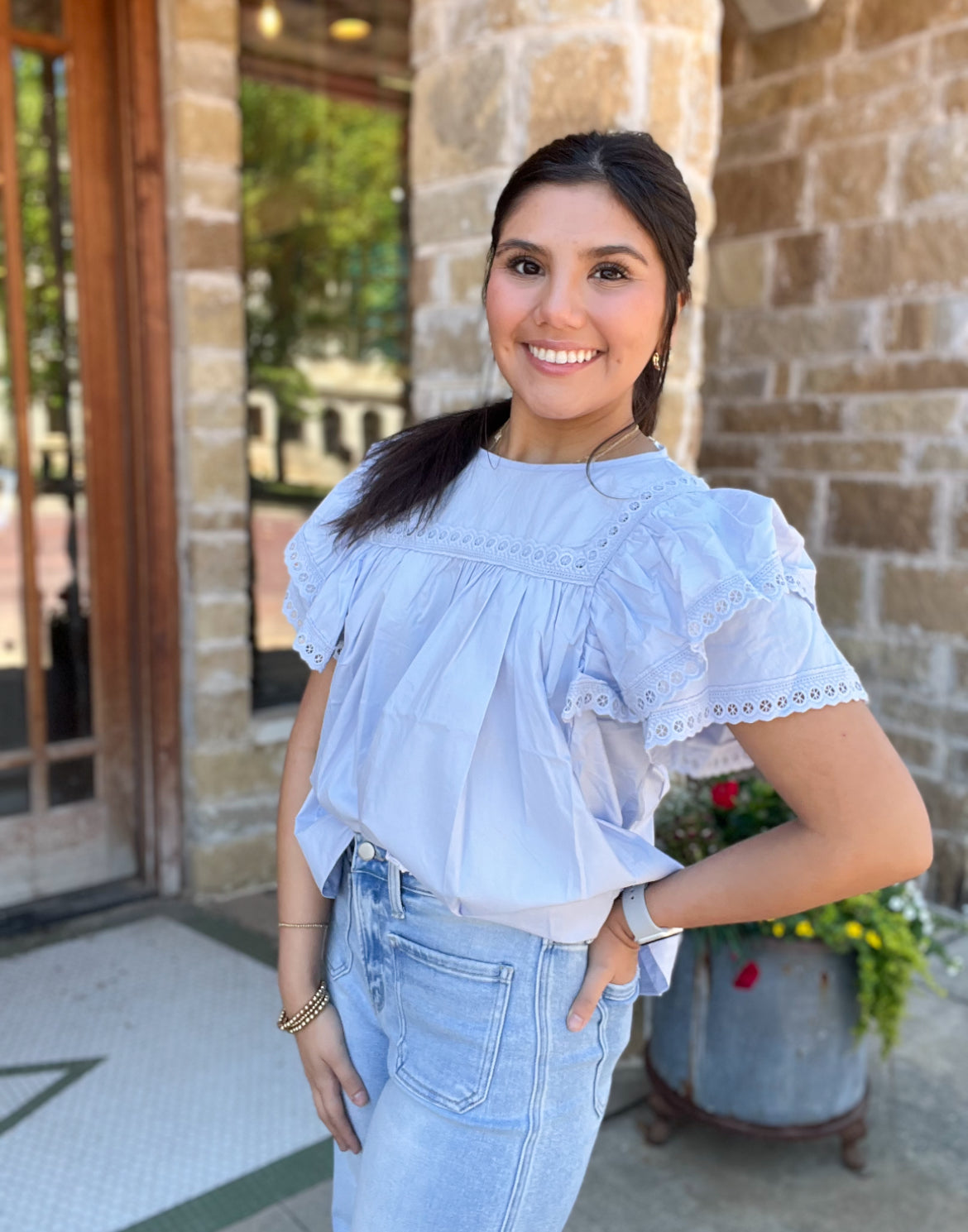 Tops | Blouse Baby Doll Style Blue Crochet Lace Detailing Poplin Fabric