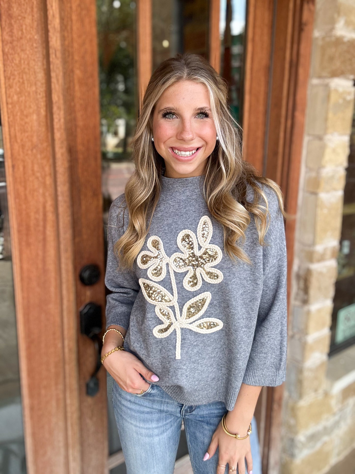 Tops | Sweater Grey Funnel Neck Bronze Leaf