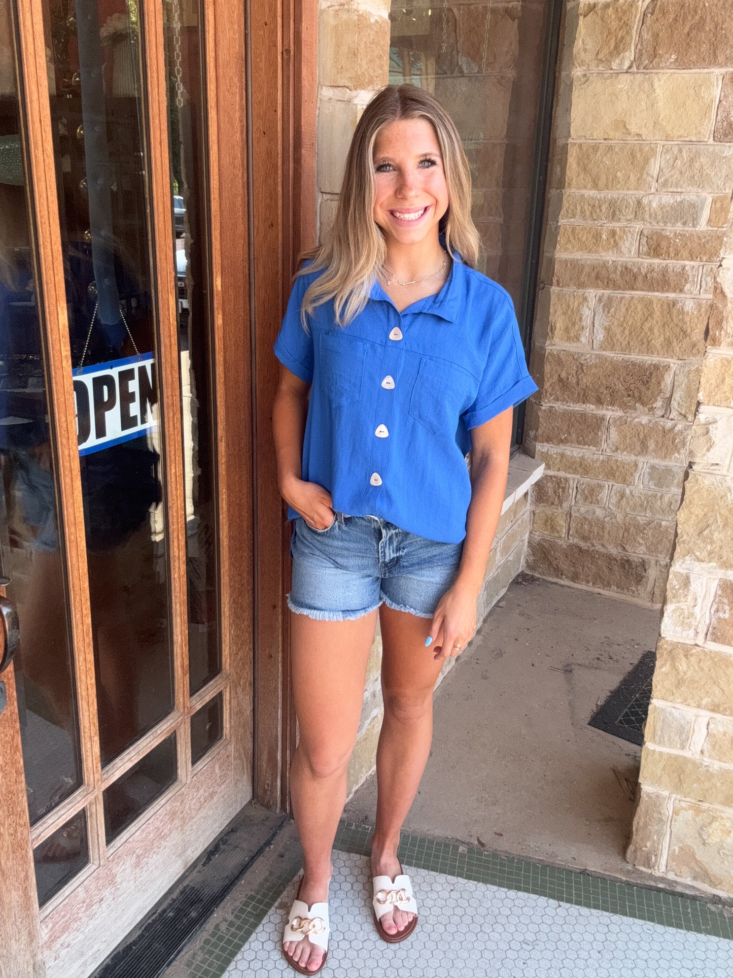 Tops | John Mark Blouse Solid Button Up Top with Wire Collar & Short Sleeves