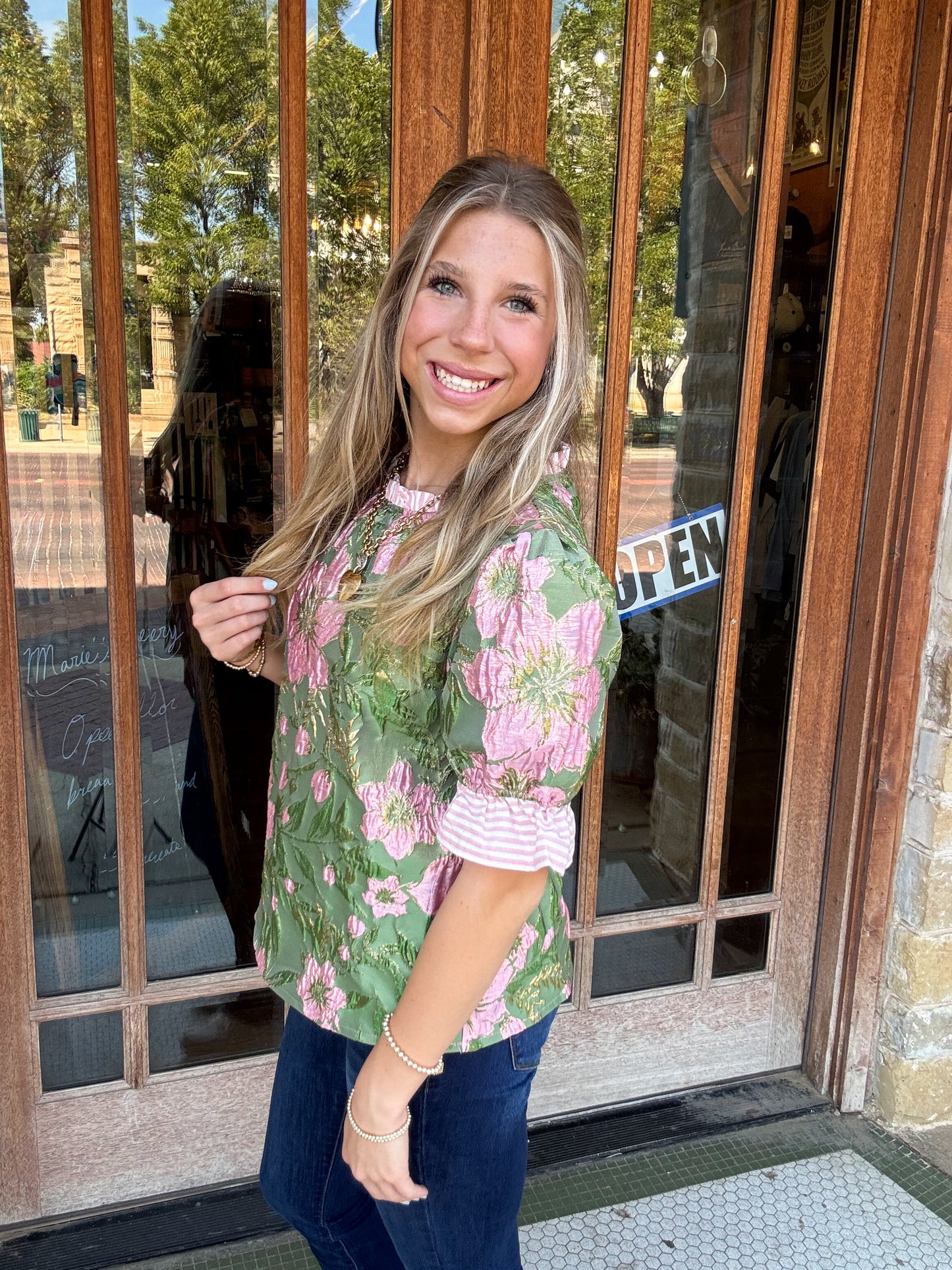 Tops | Blouse Pink Striped Ruffle Detailed Floral Jaquard