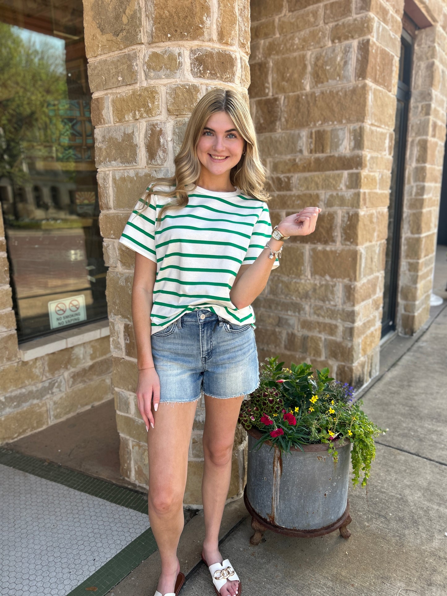 Crew Neck Short-Sleeve Striped Print Cotton Knit Top
