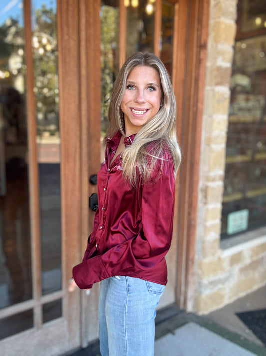 Tops | Blouse Pearl Snap Western Wine/Pink Satin