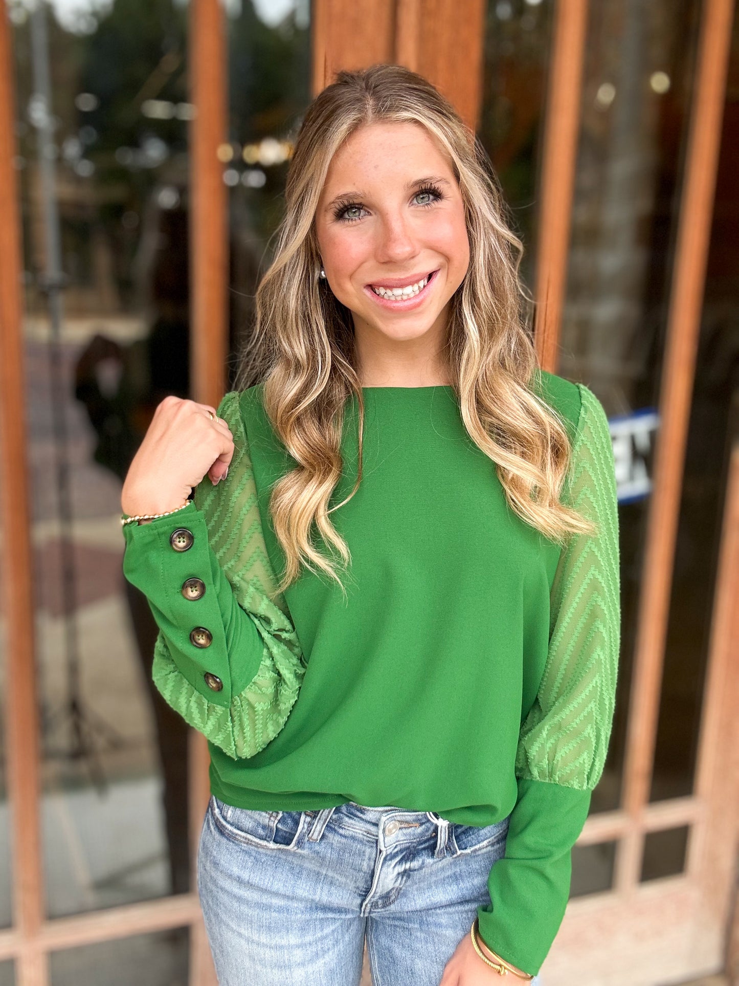 Tops | Blouse Green Semi Sheer Chevron Sleeve Button Detail