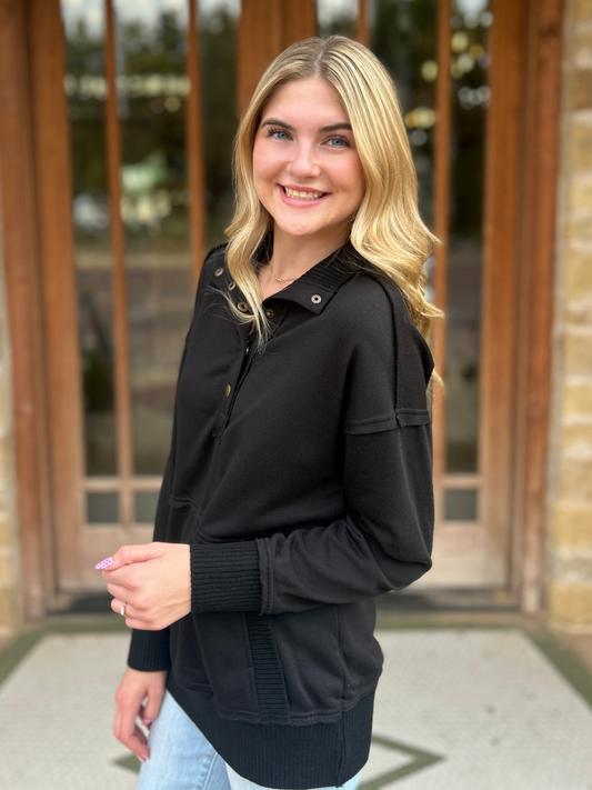 Tops | Sweatshirt Black Exposed Seam Henley Snap